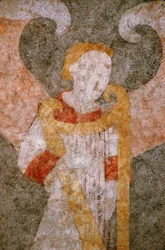 Loira Atlántico N* 081 - St-Sulpice des Landes - Iglesia conocida como el “pueblo viejo” - Mural del siglo XV - Ángel de la bóveda tocando el “rebec” (viola)